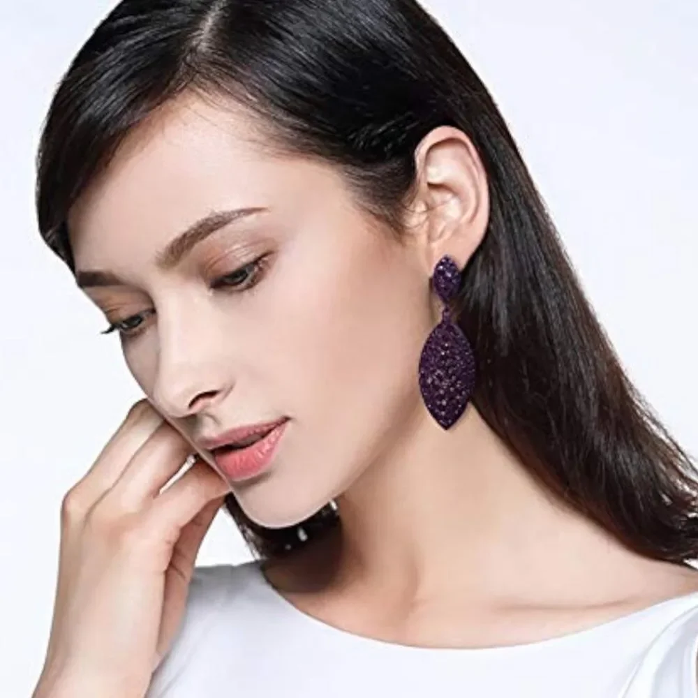 Purple with Purple Amethyst Crystal Double Leaf Chandelier Post Back Earrings